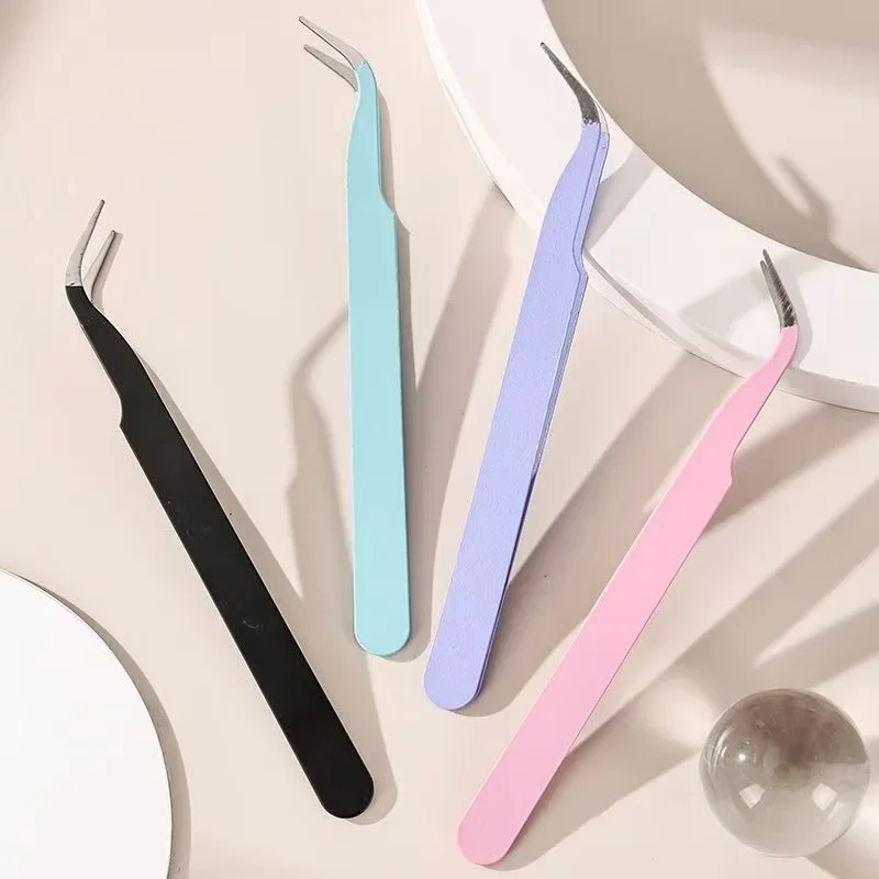 Stainless Steel Straight Curved Tweezers Colorful Pink Blue Purple DIY Eyelash Tweezer Nail Art Sticker Rhinestones Picking Tool