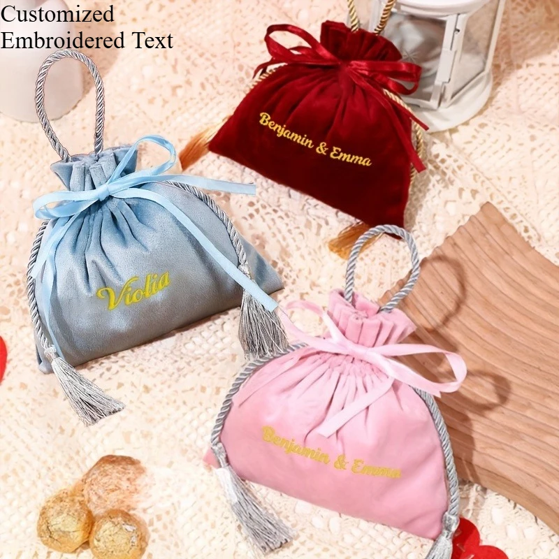 Customized Embroidered Your Name Cloth Drawstring Bag Christmas Gift Pouch Personalized Wedding Favor Storage Small Gift Bags