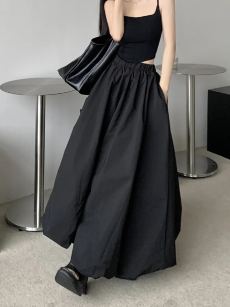 

HOUZHOU Balloon Maxi Skirt Women Korean Fashion Streetwear Black Elastic Waist A-line Vintage Loose Long Skirt Female Casual