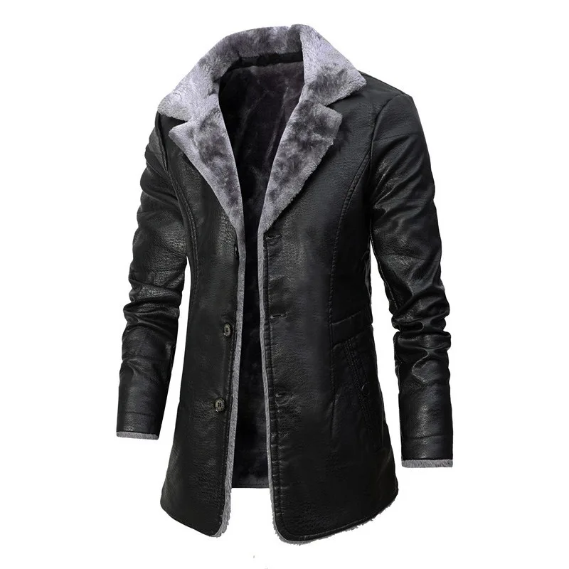 

Men's Autumn/WinterLong-Length PU Leather Jacket Business Style European Sizing Fleece Lining Lapel Design Warm Season Outerwear