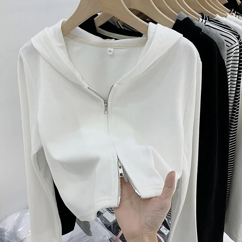 Grey Long Sleeve Hooded Sweatshirt Women's Early Spring Autumn Cropped Top Fashionable Stylish Slimming Zip Design Sensibility