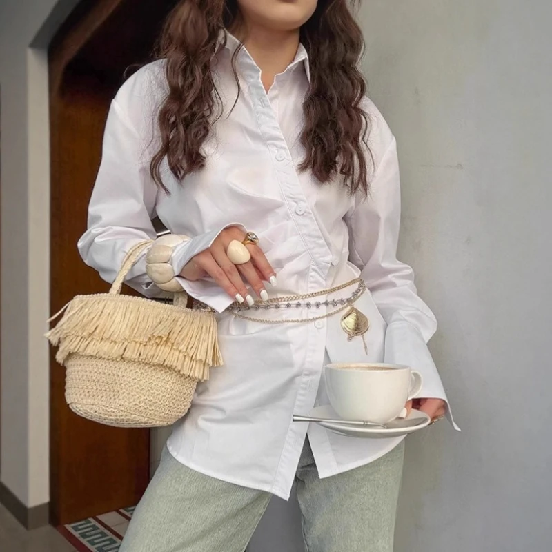 Loose Long Sleeve Shirt Women's Spring Autumn Simple Elegance Korean Style Lazy Feel White Collar Commute Style Straight