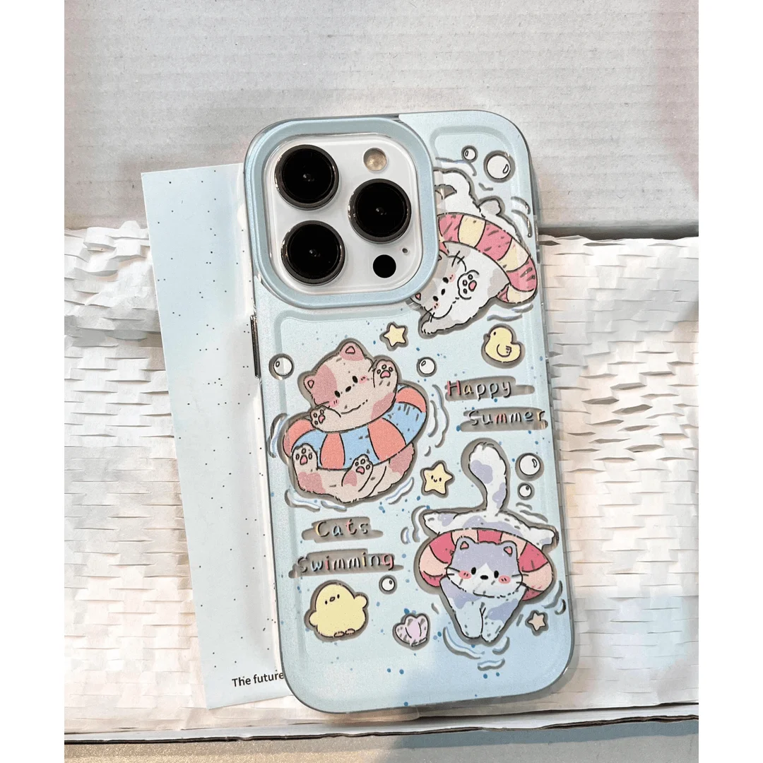 Cartoon Cute Swimming Cat Clear Space Phone Case For Oppo F11 Find X5 Reno 6 7 7Z 8 8T 10 11 12 Realme 9 C30 C53 C63 Pro Plus 5G