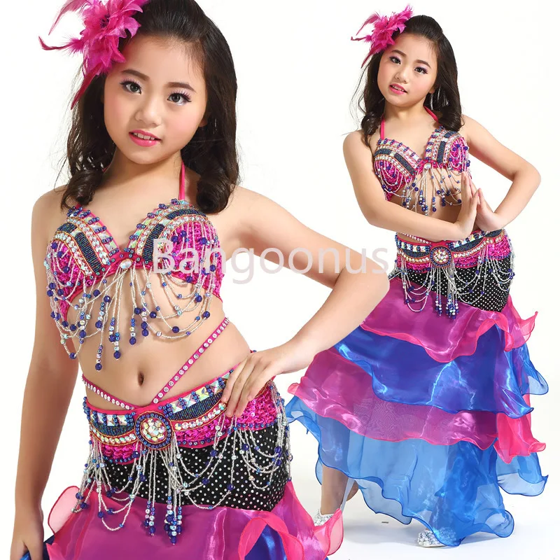 

Children Belly Dance Performance Clothes 3-piece Oriental Outfit Bra Belt Skirt Belly Dancing Costume Set Competition Tutu #865