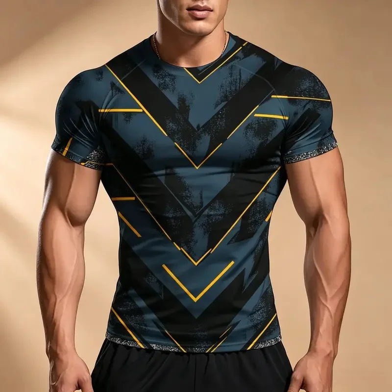 Men's Compression Sports Tshirt Elastic Quick Dry Chevron Printed Short Sleeve Gym Training Shirt Dark Blue Green Vintage Style