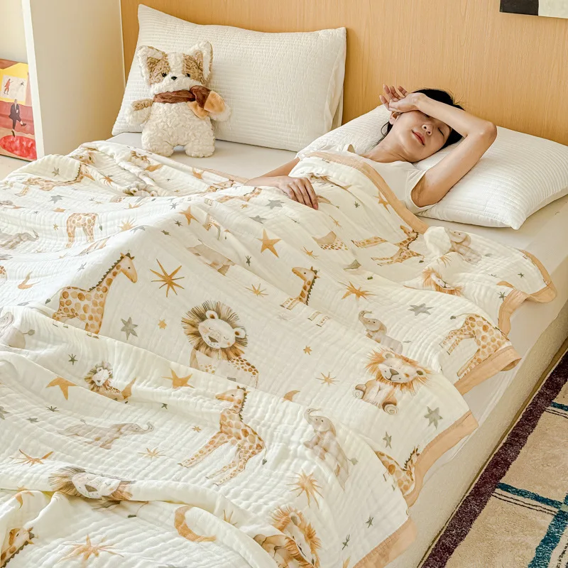 Cartoon Printed All- Cotton Towel Blanket Soft Bubble Gauze Air Conditioning Blankets Thickened Breathable Office Summer Quilt