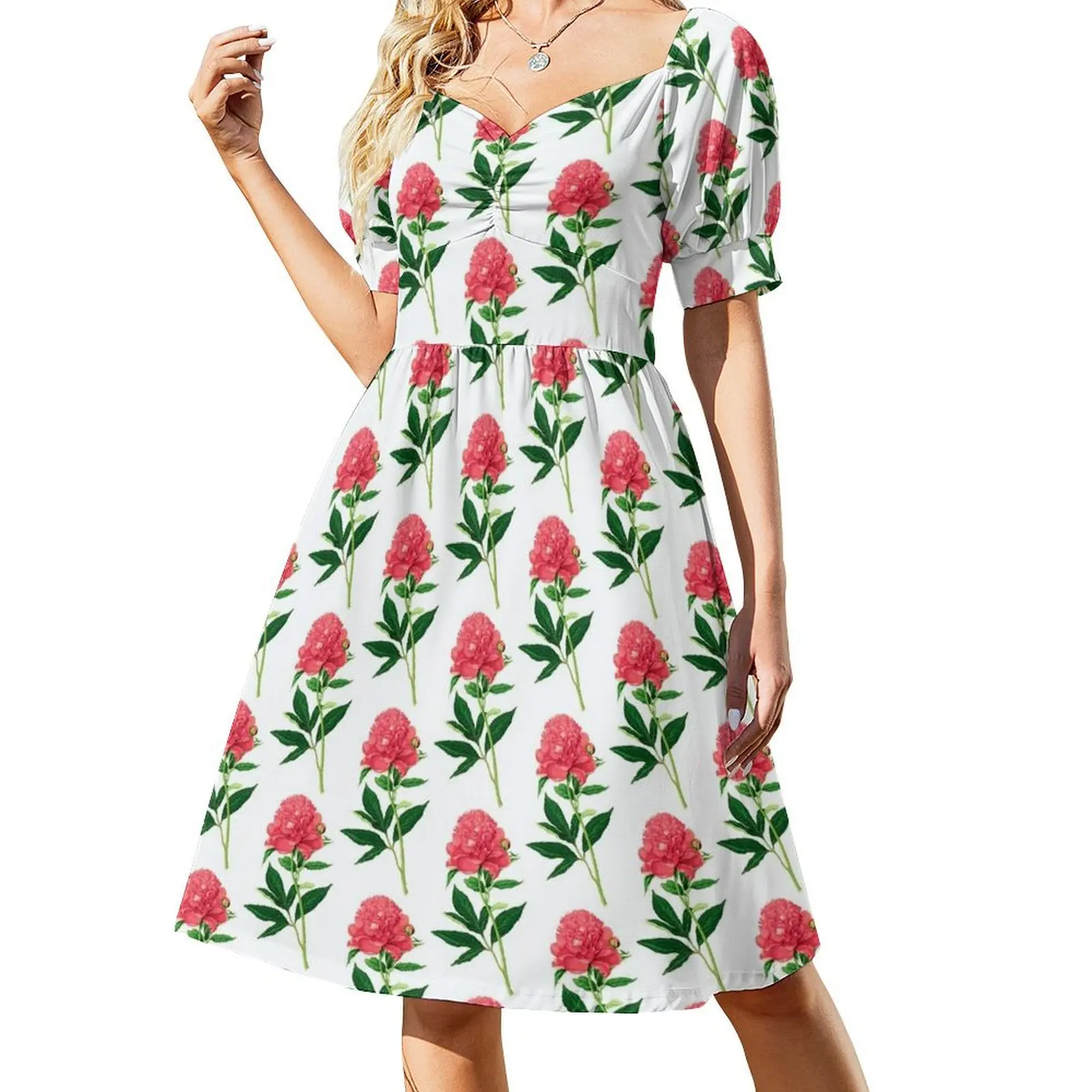 

Vintage Botanical Print, Coral Pink Peony Short-Sleeved Dress ladies dresses for women 2025 ladies dresses for special occasion