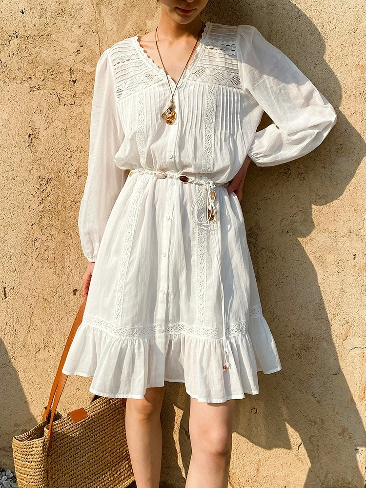 

JIAMI Women 100% Cotton White Boho Dress Long Sleeve V Neck Lace Summer Beach Vacation Dress French Style Casual Ruffle Outfits