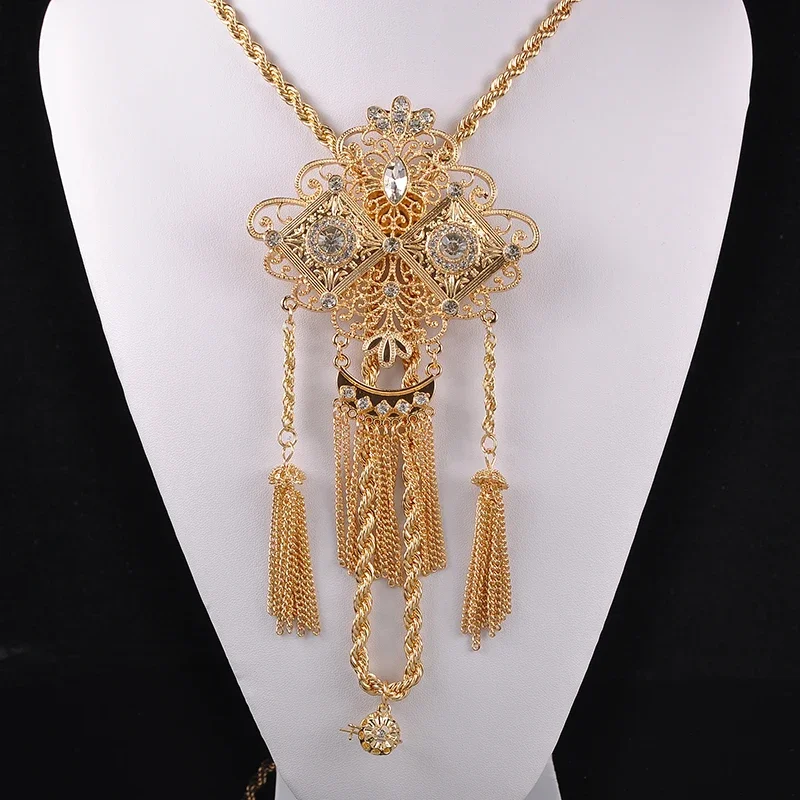 Algerian Wedding Necklace Long Chain Gold Plated Tassels Pendant with Crystals Arabic Women Shoulder Chest Jewelry