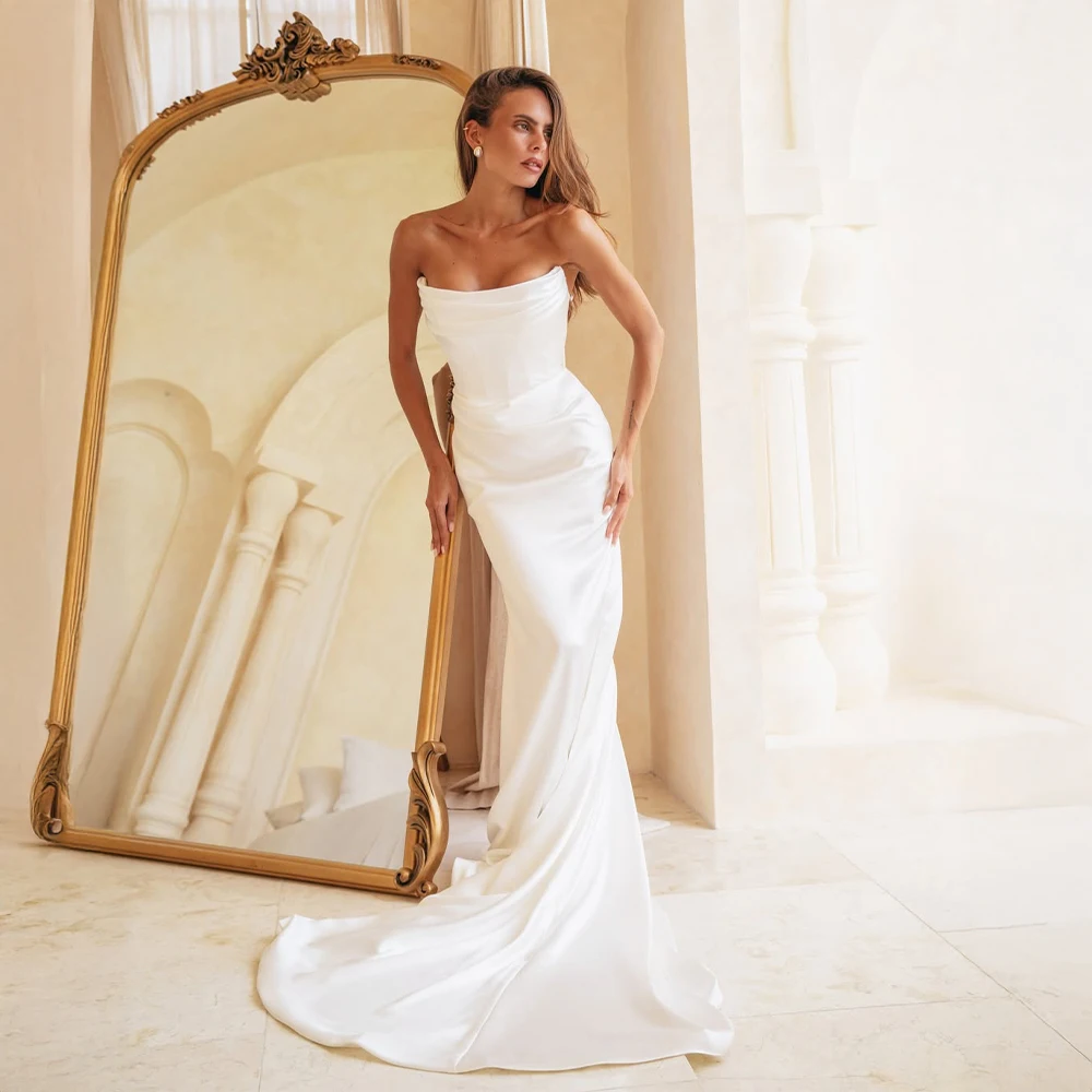 

Customized Cowl Neck Satin Mermaid Wedding Dress With Ruched Detail Slim Fit And Sweep Train For Bridal Wedding Celebration
