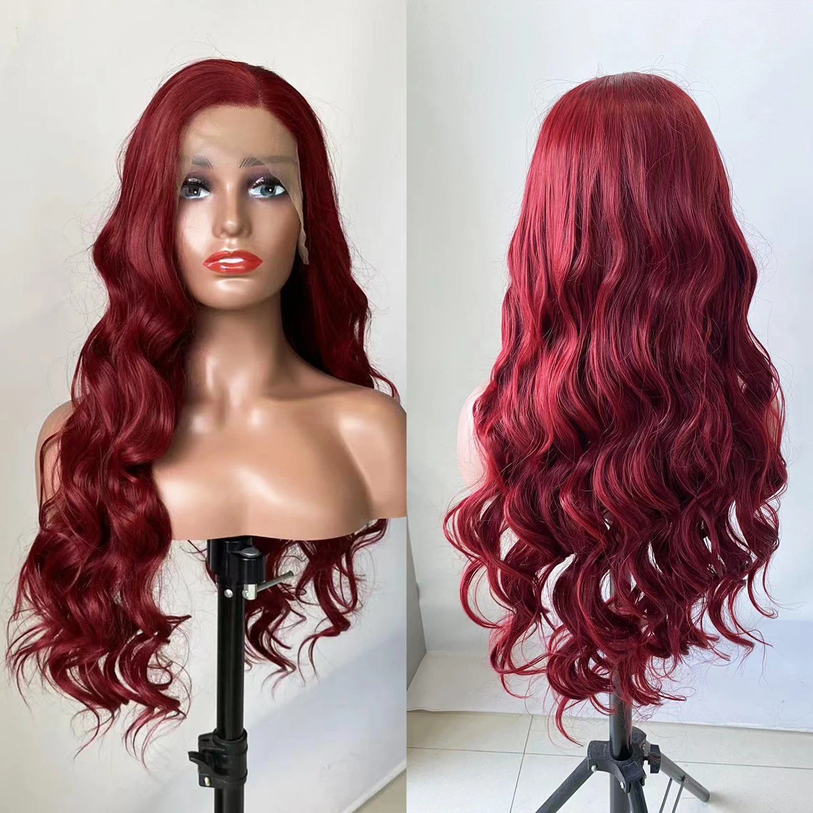RONGDUOYI Red Long Hair Body Wavy Synthetic Wigs Burgundy Water Wave Natural Hairline Lace Front Wig Cosplay Makeup Women Use