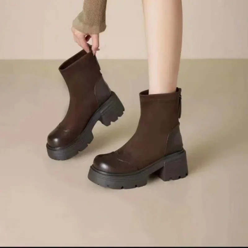 

Women's British Style Platform Lift Riding Boots for Autumn/Winter -Patchwork Chunky Heel Vintage Ankle Boots