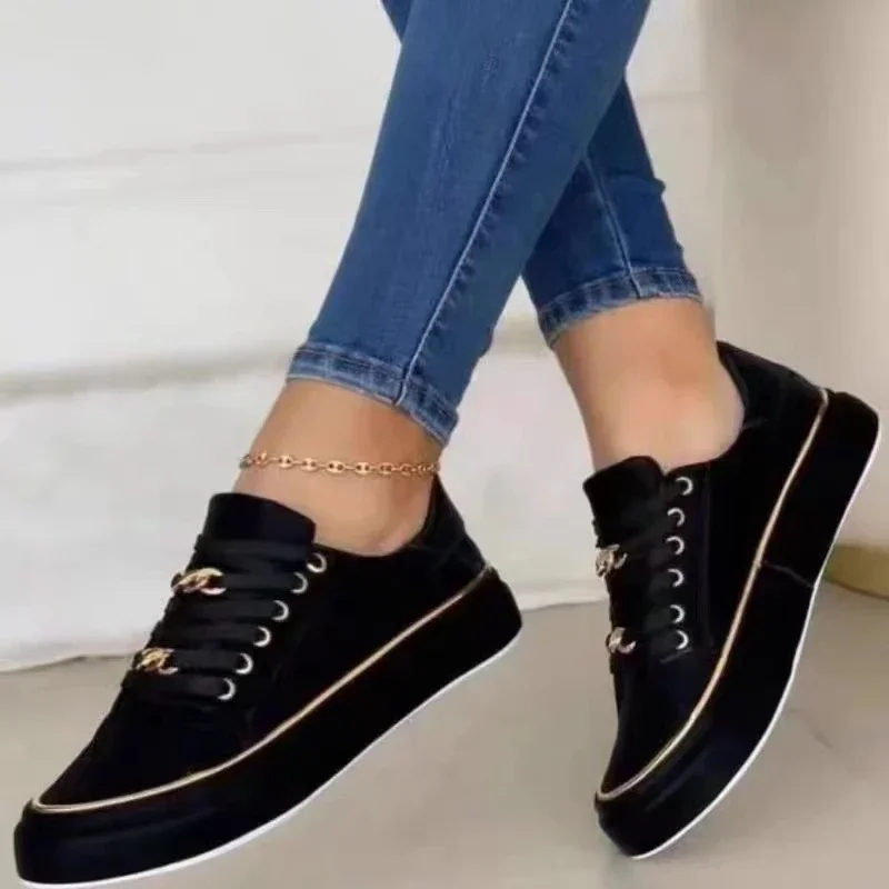 Women\'s Sneakers 2024 New Fashion Chain Leather Comfortable Round Toe Platform Sneakers Lace-up Walking Women\'s Vulcanized Shoes