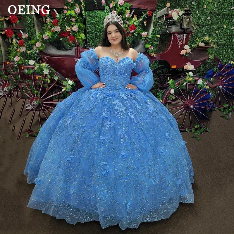 OEING Shiny Blue Tulle Quinceanera Dresses Sweetheart Beads Applique Lace Ball Gown Sweet Puff Sleeves Gowns Vestidos De 15