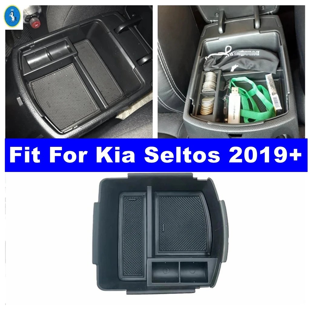 Black Style Car Central Control Container Box Storage Phone Tray Cover Trim Fit For Kia Seltos 2019 - 2024 Interior Accessories