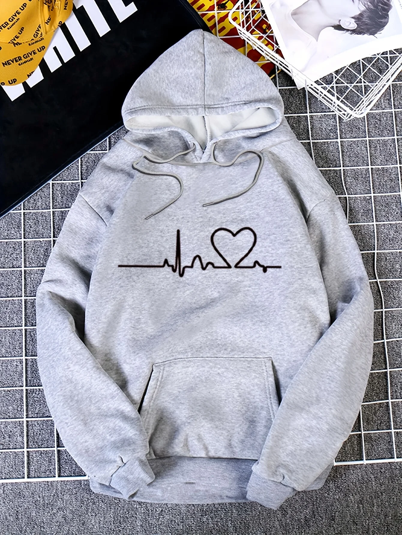 Heart Rate Print Kangaroo Pocket Hoodie, Casual Long Sleeve Drawstring Hoodies Sweatshirt, Women\'s Clothing