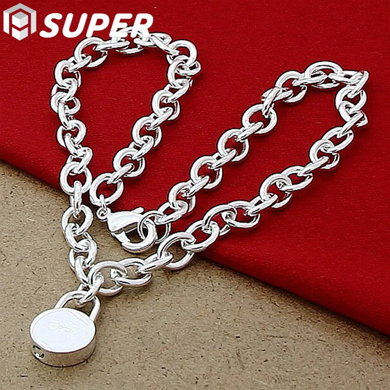 

925 Sterling Silver Round Lock Pendant Necklace 18 Inch Chain For Man Women Wedding Engagement Fashion Jewelry