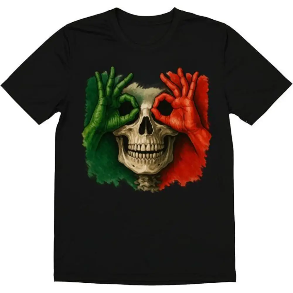 

Mexican Flag Skull T-Shirt, Day of the Dead Graphic Tee, Artistic Gothic Style Streetwear for Men Women