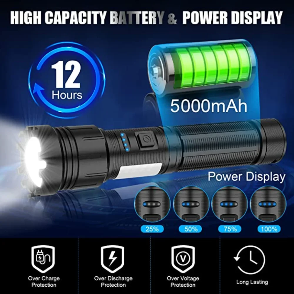 2000000LM XHP200 Bright LED Flashlight with COB Work Light 5000mAH Type-C Usb Rechargeable Tactical Flashlight XHP50 Zoom Torch