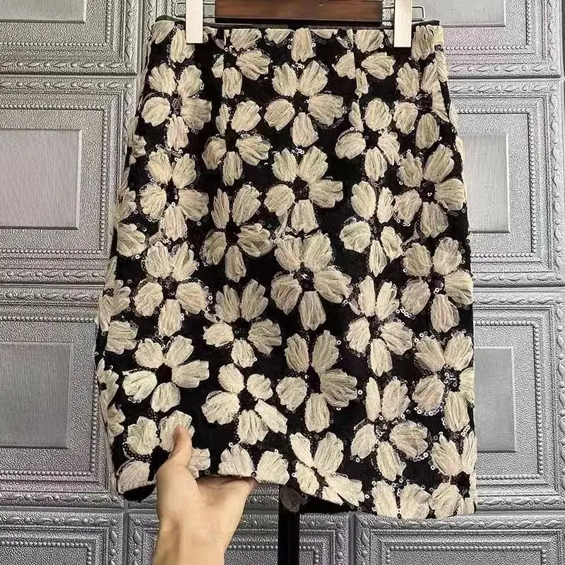 Vintage Flower Jacquard Summer Skirt Women Sweet Sequin Black A-line Mini Skirt Elegant Wrap Hip High Waist Robe