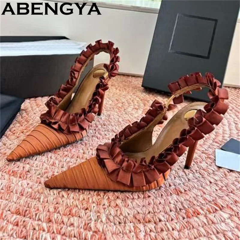 

Multicolour Wrinkled Lace Back Strap Sexy Stiletto Sandals Woman Summer Pointy Toe Thin High Heels Banquet Sandals Women Shoes