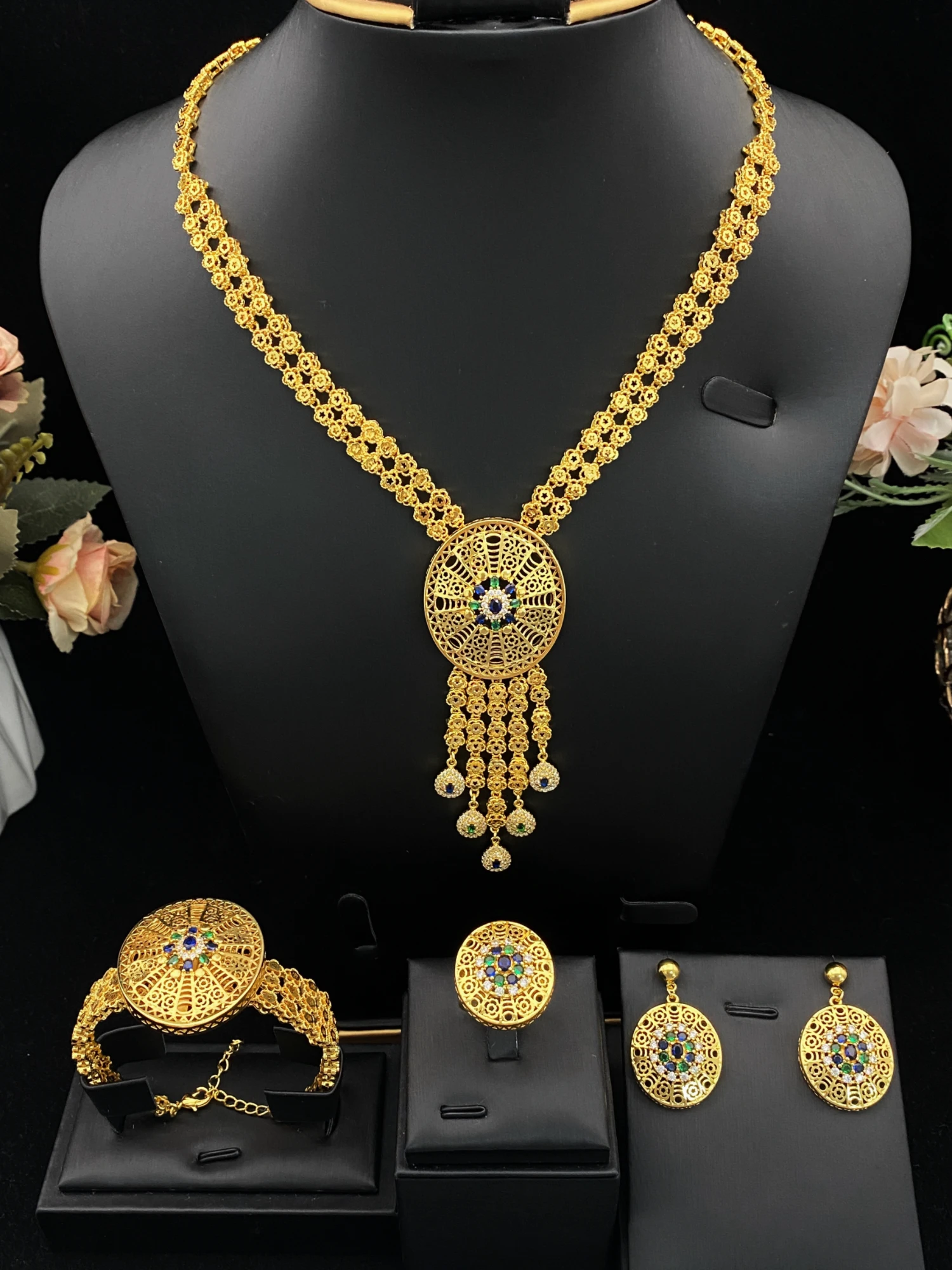 JRH Gold Plated 4-Piece Zircon Jewelry Set Necklace Earrings Bracelet Ring Fashion Accessory for Dinner Parties
