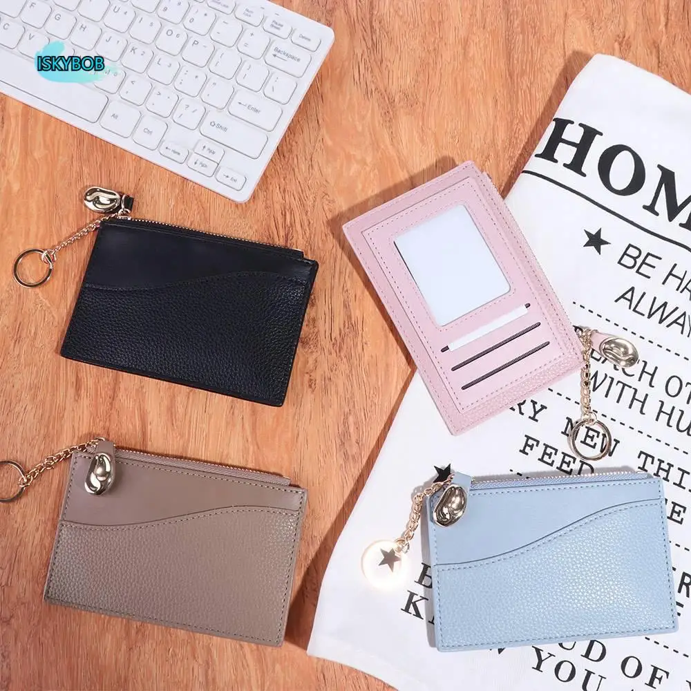 

Retro Korean Style Thin Card Bag Solid Color with Key Chain Mini Wallet PU Card Holder Zipper Coin Purse Men