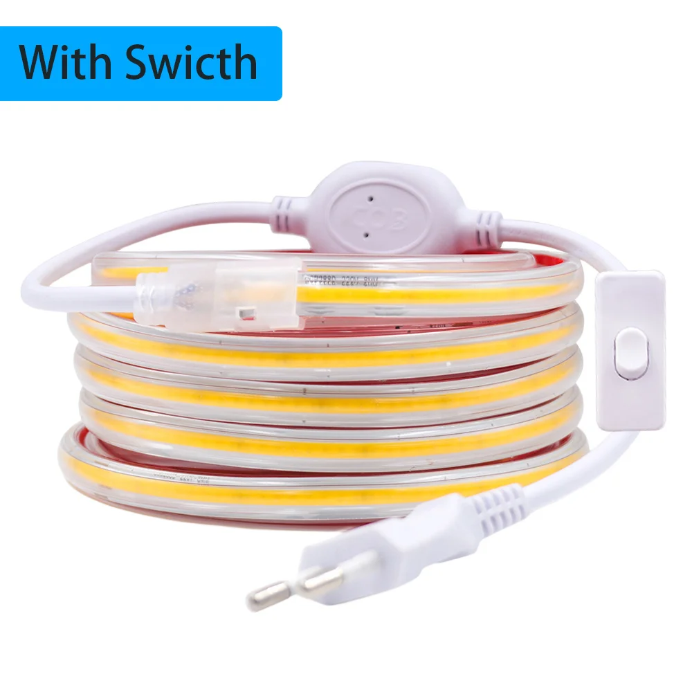 RAZEND 220V Cob LED-Licht leiste mit Klebeband Schalter EU-Netz stecker Kit 0,5 m 10m 20m 40m IP67 flexible LED-Band lineare Beleuchtung 4