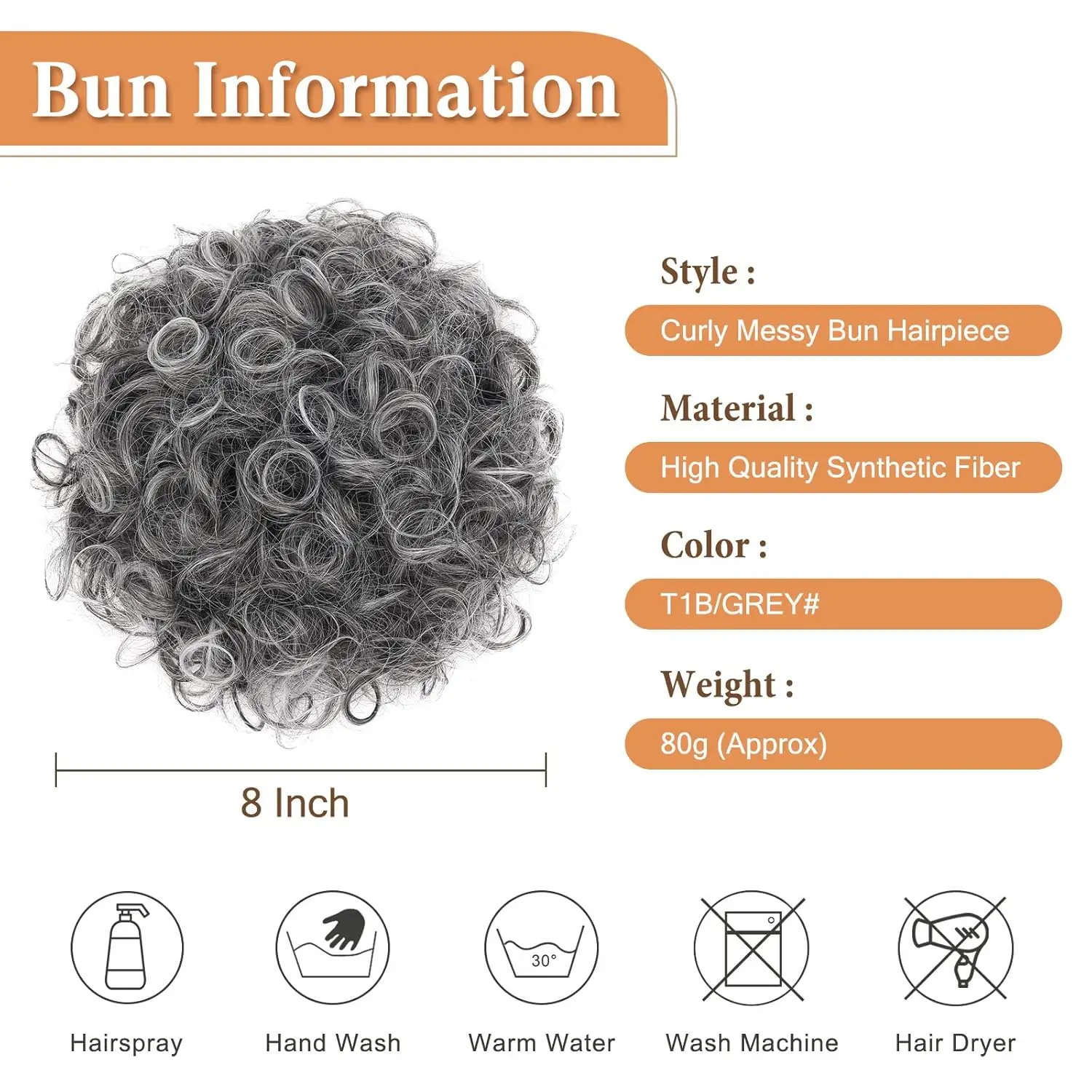 Curly Grey Hair Buns Messy Bun Hair Piece Clip in Synthetic Hair Pieces for Women Salt and Pepper Bun Hair Extensions Large Curl