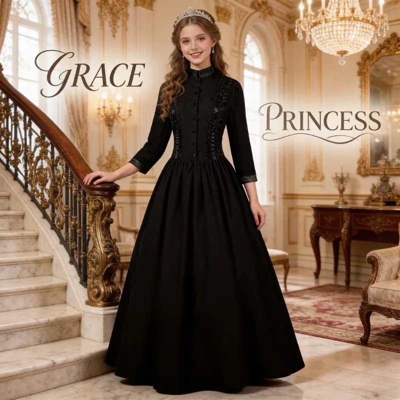 Women Halloween Medieval Long Dress S-3XL, Retro Stand Collar Lolita Gown, Flared Hem Vintage Gothic Cosplay Costume for Party