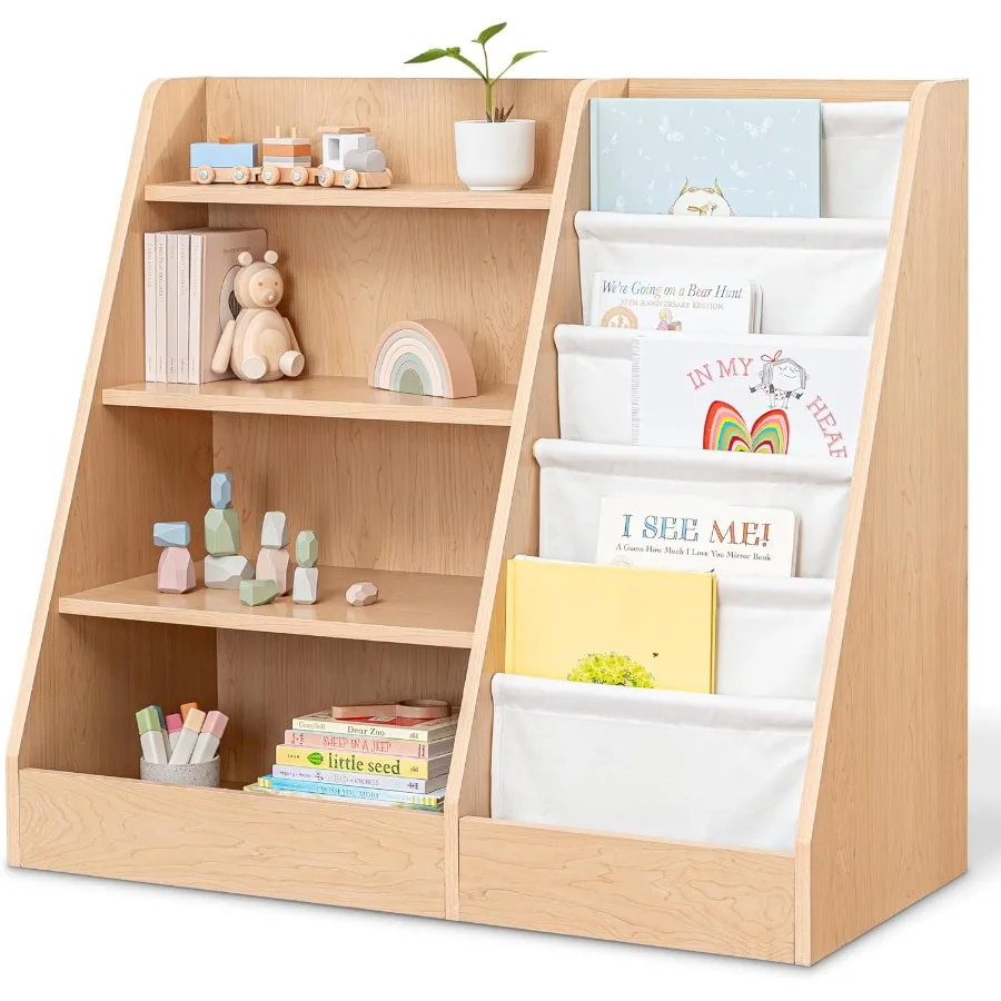 Bookshelf 35.2 x 15.7 x 31.5 Inches Sturdy Plywood Montessori Book Shelf with Soft Hard Shelves for Toys Books ChildFriendly Ea