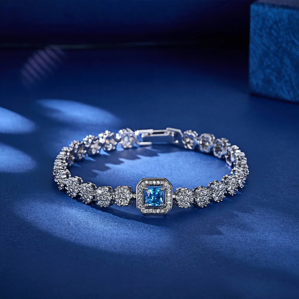 

Blue Square Main Stone Full of Flower White Zircon Bracelet Rhodium Plated Luxury Quality Jewelry Bracelets