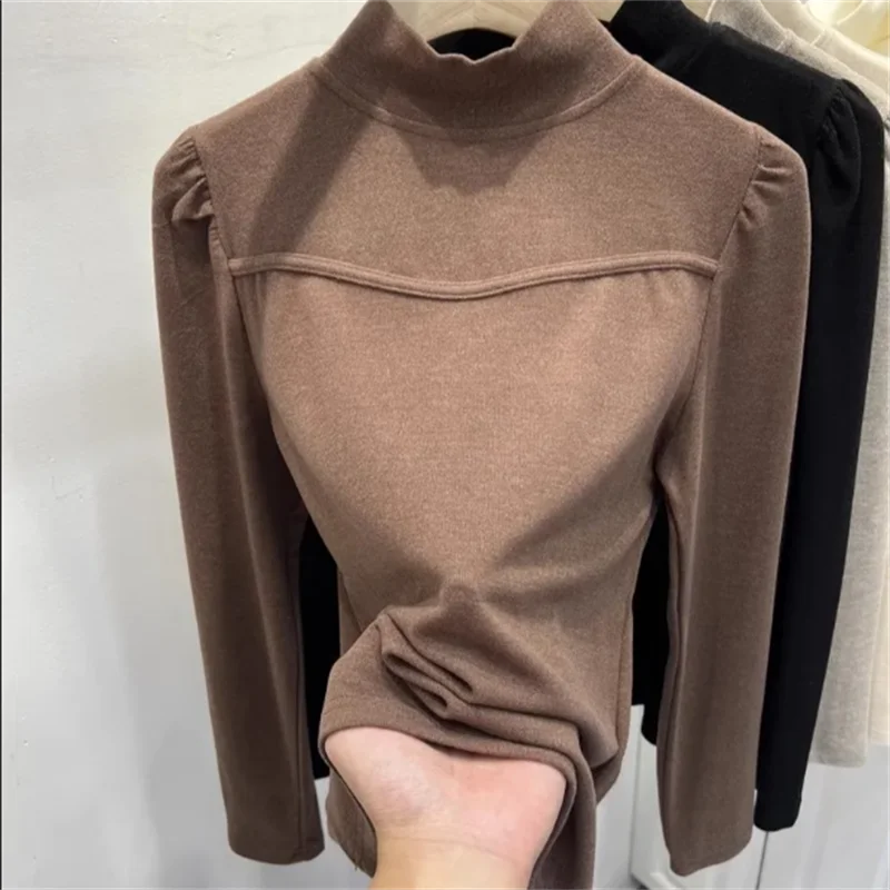 منتفخ كم التي شيرت المرأة تي شيرت نصف الرقبة العالية كم طويل تي شيرت طبقات عادية قاع أعلى الخريف الشتاء باست تيز