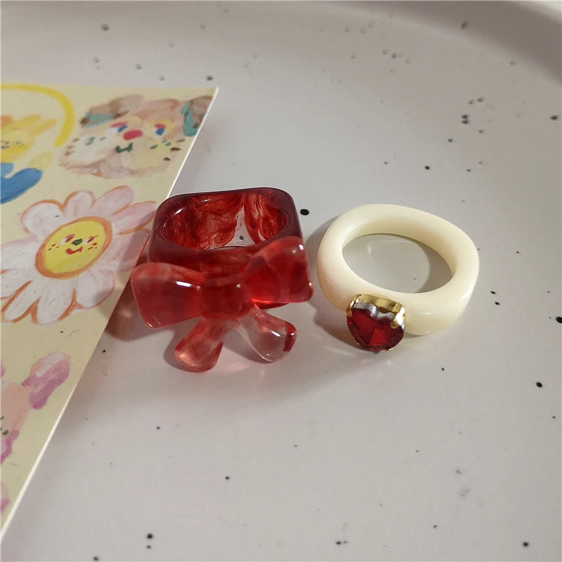 New Korean Y2K Acrylic Cute Sweet Star Bowknot Heart Ring Jewelry Set Girl Goth EMO 2000s Harajuku Vintage Jewelry Accessories
