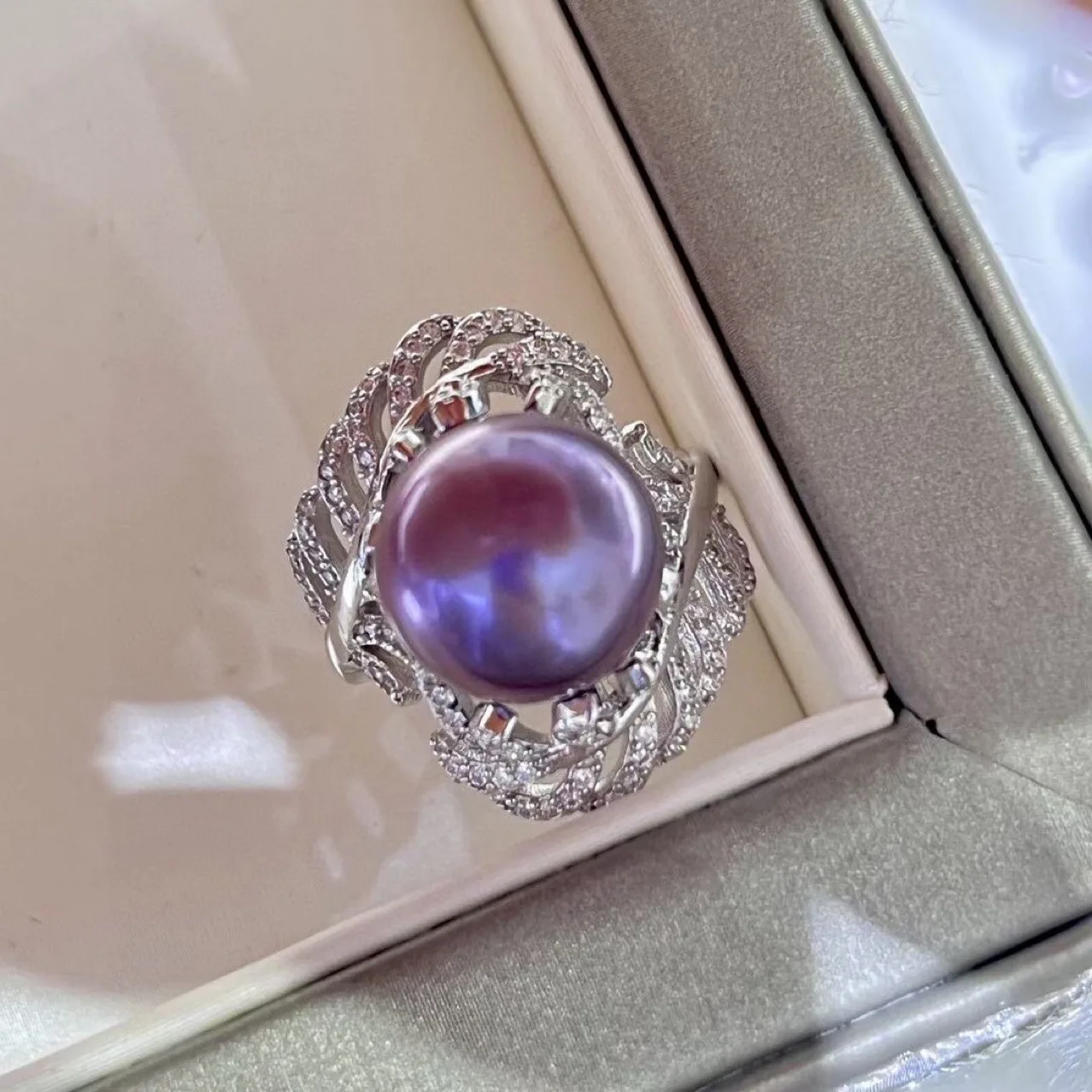 S925 Silver Natural Edison Pearl Ring,11-13mm Pearl Exquisite Feather Zircon Adjustable Women Statement Ring