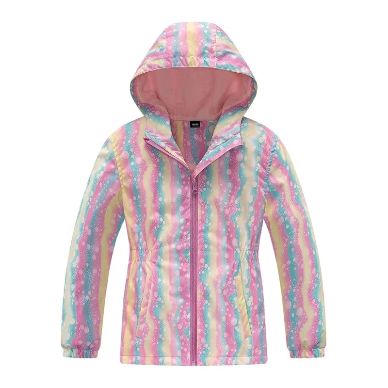 Semywange Girls Waterproof Gradient Detachable Hood Fleece Lined Hiking Jacket Kids Track Coat Child Work Windbreaker 4-12Yrs ﻿