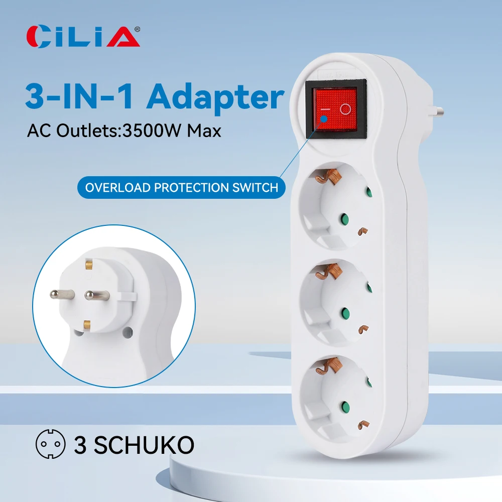 CILIA EU Standard Wall Outlet, Power Adapter 1 to 3, with Switch - Shock-Proof, 3500W Max Power, Overload Protection, Portable