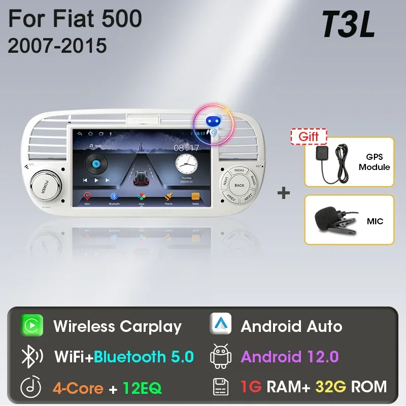 Srnubi Android Autoradio Fiat 500 2007-2015 Multimediaspeler Draadloze Carplay Android Auto Head Unit GPS Navigatie Stereo