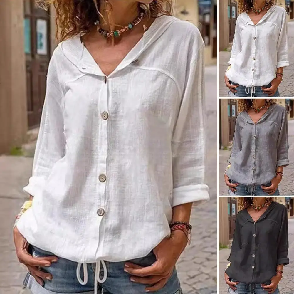 Button-down Blouse with Tie Hem Women Shirt Stylish Women's Hooded Long Sleeve Shirt Tops with Button Closure for Casual