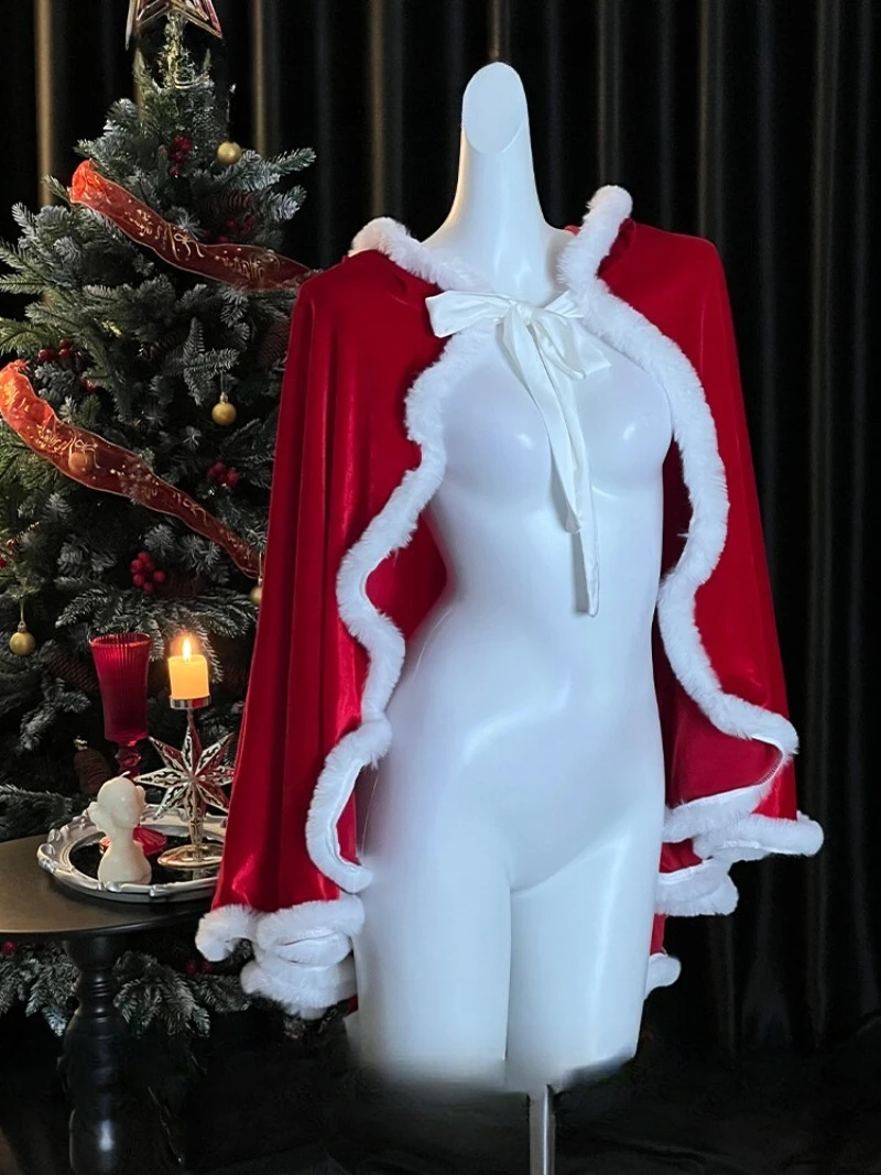 

Christmas-Themed Party Oversized Plush Fringed Shawl—Cute Little Red Riding Hood Cape with Sensual and Playful Vibe,Perfect for