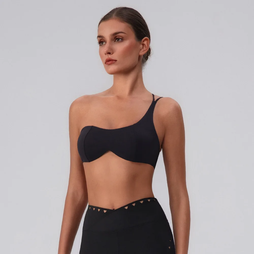 Maxdutti Hollow Yoga Bra Quick Drying Detachable Breast Pad Sports T-shirt Pilates Fitness Suit Single Shoulder Tops For Women