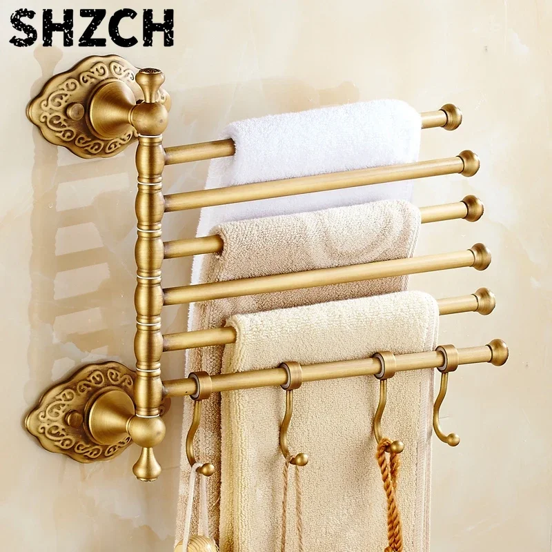 European Retro Thick All Copper Towel Pole Antique Rotating Movable Double Pole Towel Rack Light Luxury Multi Pole Towel Hanger,