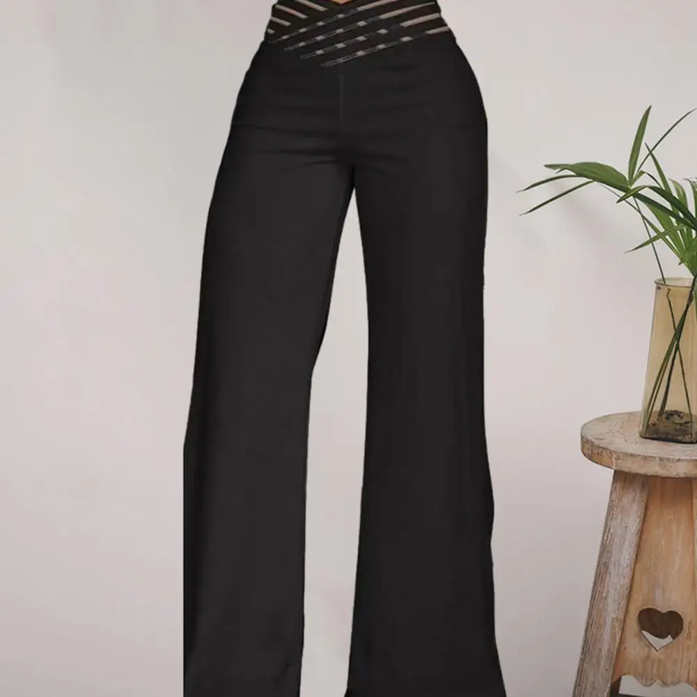 Pantalones elegantes de pierna ancha para mujer, pantalón acampanado de cintura alta, malla transparente hueca, informal, para oficina