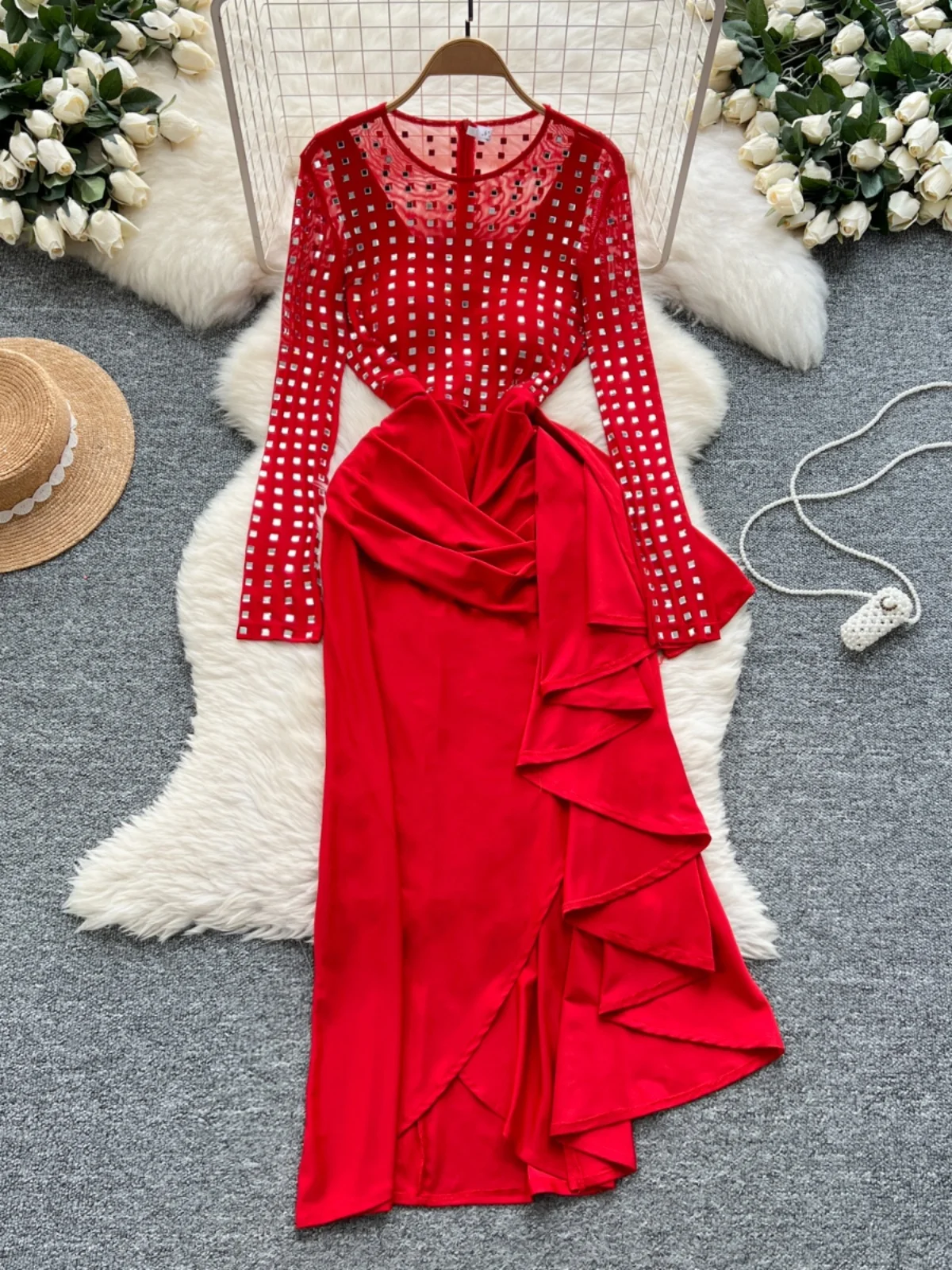 

Ele Evening Gown Women's Winter High Waist A-Line Dr Diamond Embellied Long Skirt Korean Sle Commute Faion