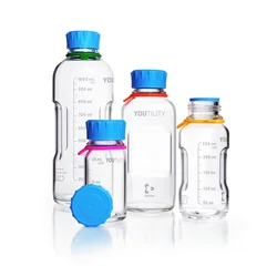 DURAN® YOUTILITY® GL 45 Laboratory Bottle (clear), with screw cap and pouring ring (PP, cyan), with DIN 168-1 thread, graduated