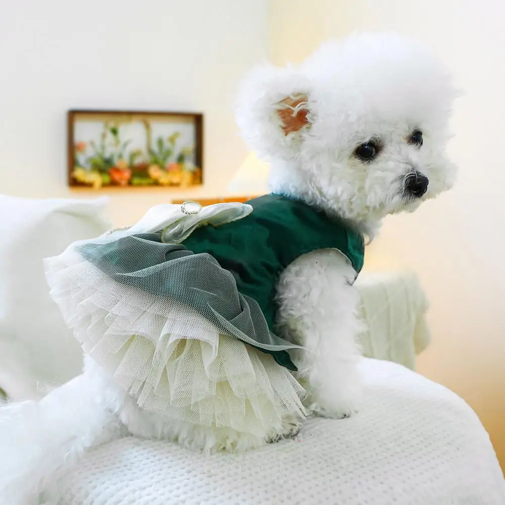 Mesh Splicing Pet Dress Elegant Bow-decorated Pet Princess Dress with Traction Ring for Comfortable Fashionable Style for Summer