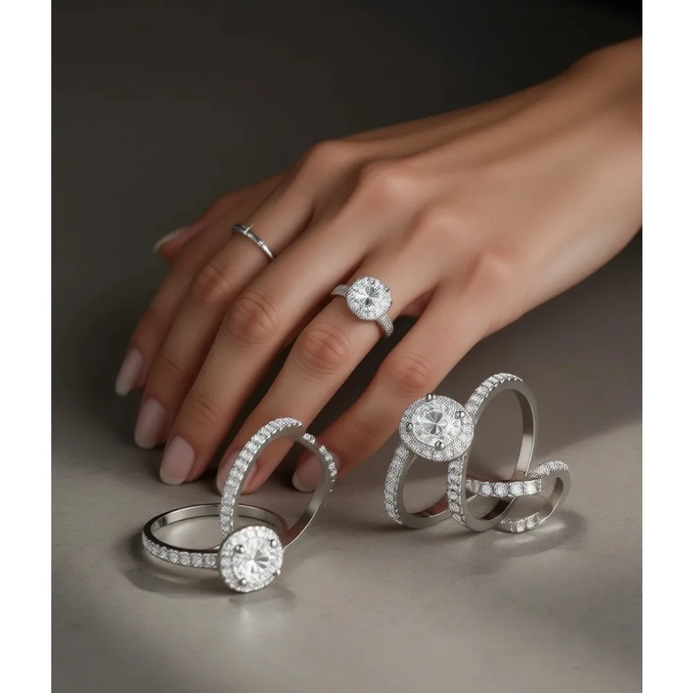 

Комплект колец Eternity с позолотой 18K, 6 мм, с круглыми фианитами, многослойные, для свадьбы, помолвки, обещания, для женщин