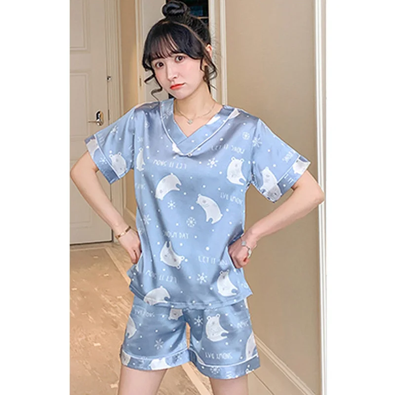 Two Sets Of Ladies Pajamas Suit Summer Ice Silk Short-Sleeved Korean Version Of The Sexy Thin Section  Large Size Homewear Girls