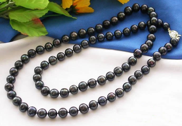 Favorite Pearl Jewelry,32'' 9-10mm Black Round Freshwater Cultured Pearl Necklace,Classic Wedding Birthday Party Women Gift