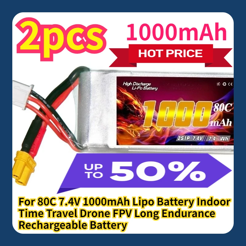 

For 80C 7.4V 1000mAh Lipo Battery Indoor Time Travel Drone FPV Long Endurance Rechargeable Battery